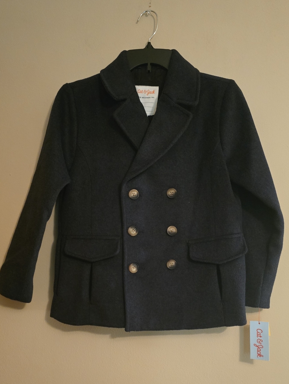 New Cat & Jack Boys Size M Navy Double-Breasted Polyester Wool Blend Peacoat